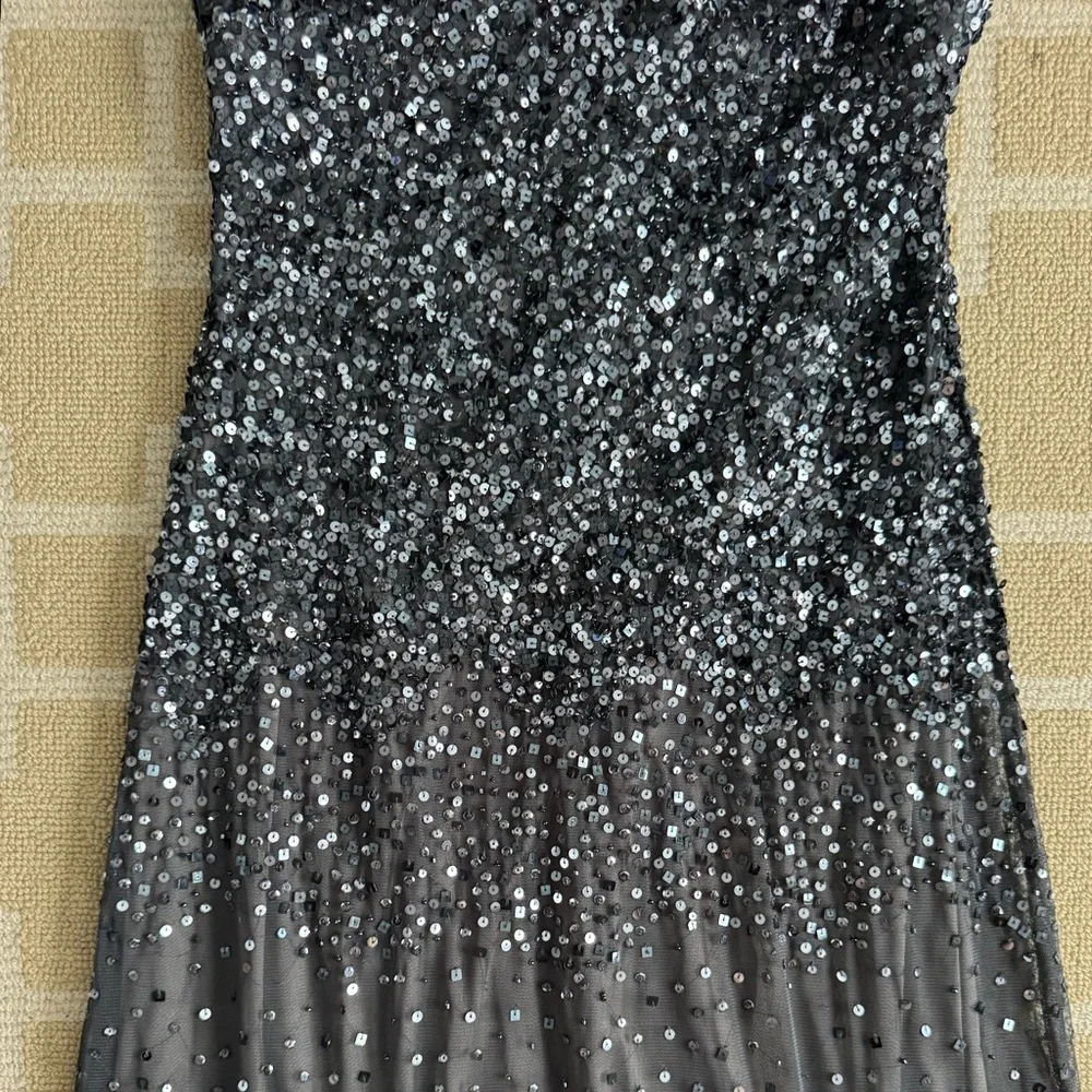 Nightway Sequined Halter Formal Gown Charcoal Gray Mesh Maxi Prom Dress 8 - Picture 11 of 14